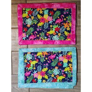 Set of 6 Handmade Tropical Placemats, Teal, Pink, Flamingo Beach Vacation Vibes